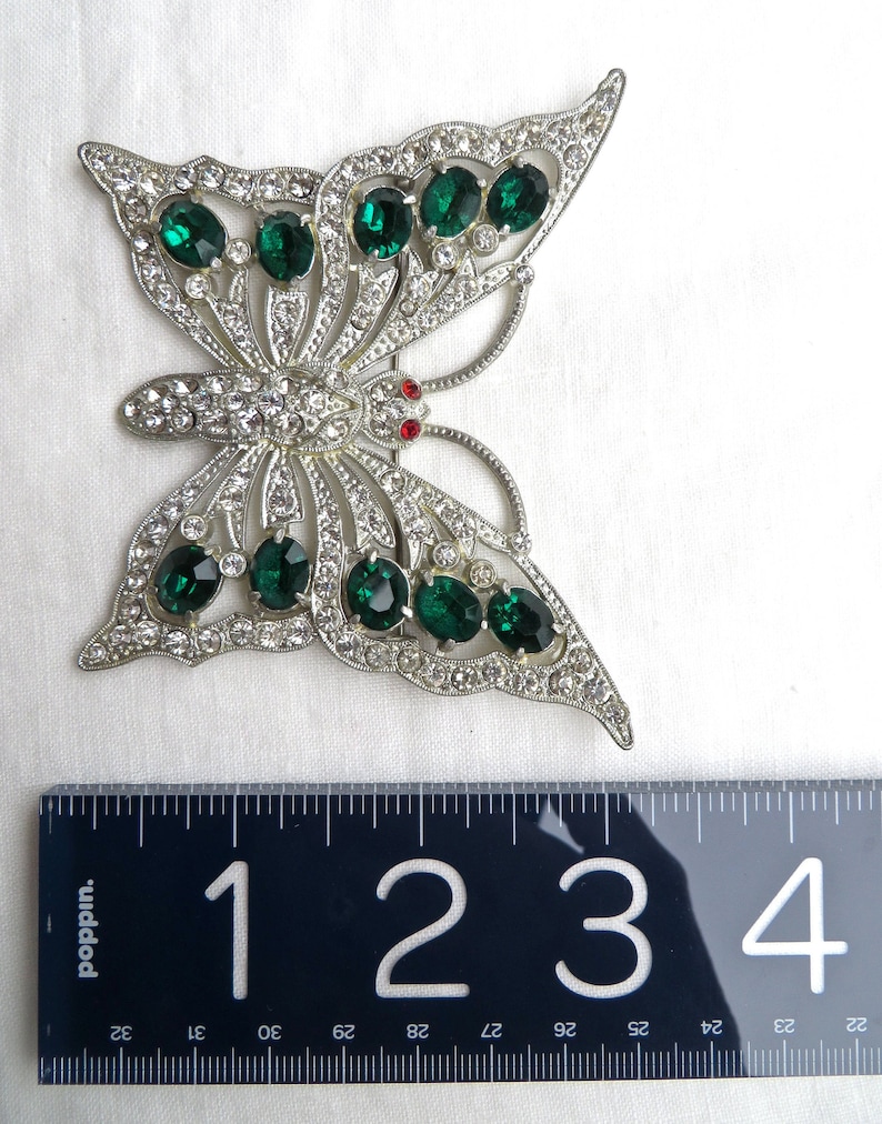 Vintage Art Deco Large Butterfly Brooch Pin with Green Rhinestones Paste 1930/'s Jewelry