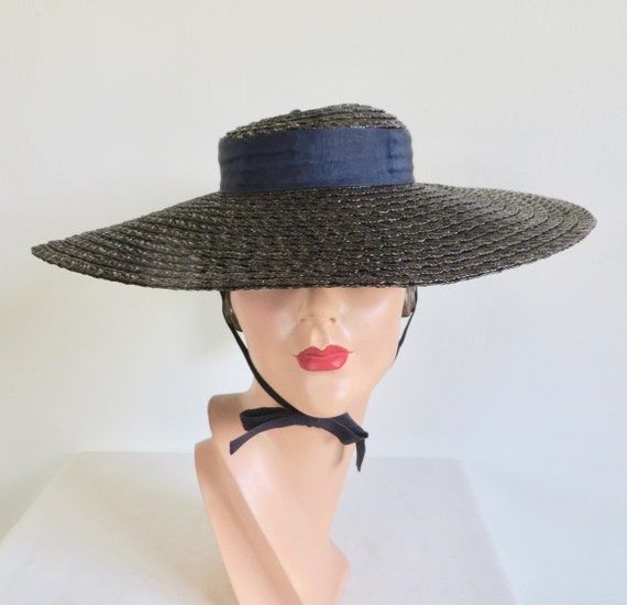 1950's Navy Blue Straw Wide Brim Sun Hat Flowers … - image 6
