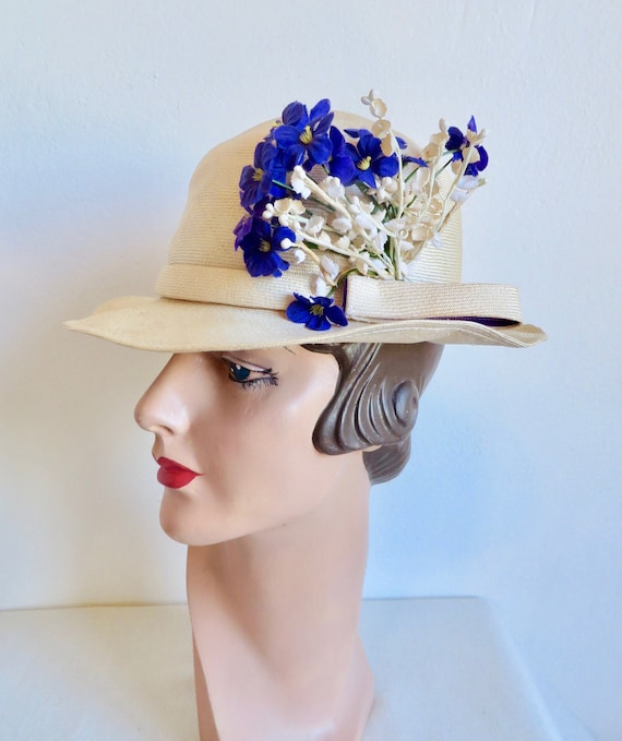 1970's Ivory Straw Bowler Style Hat with Purple and W… Gem