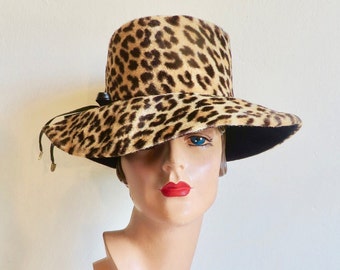 1970's Faux Leopard Fur Wide Brim Bucket Hat High Crown Moveable Brim Bow Trim 70's Millinery Hats Mod Hippie Boho Neusteters Denver