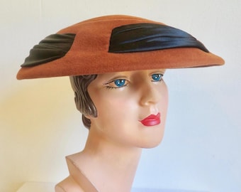 1950s Wool Felt Saucer Hat, Chestnut Brown with Black Satin Trim