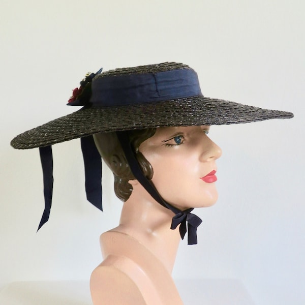1950's Navy Blue Straw Wide Brim Sun Hat Flowers Ribbon Trim Rockabilly Swing Spring Summer Garden Party 60's Millinery