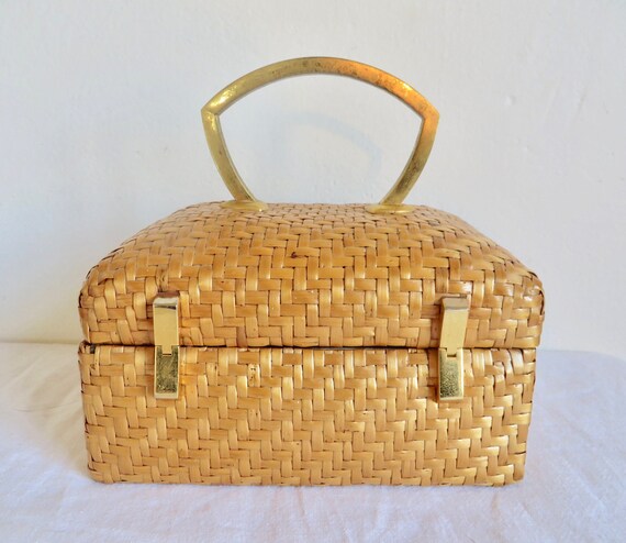 1960's Koret Natural Woven Wicker Box Purse Gold … - image 7