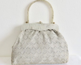 1940's Silver Gray Chevron Weave Fabric Purse with Gray Pearlized Lucite Handle Frame WW2 Era Rockabilly 40's Handbags Accessories
