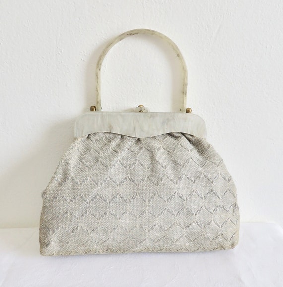 1940's Silver Gray Chevron Weave Fabric Purse wit… - image 1