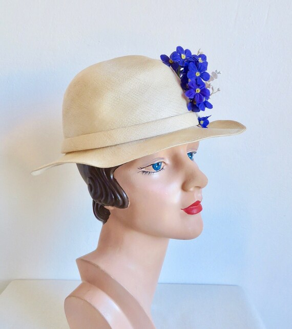 1970's Ivory Straw Bowler Style Hat with Purple and W… Gem
