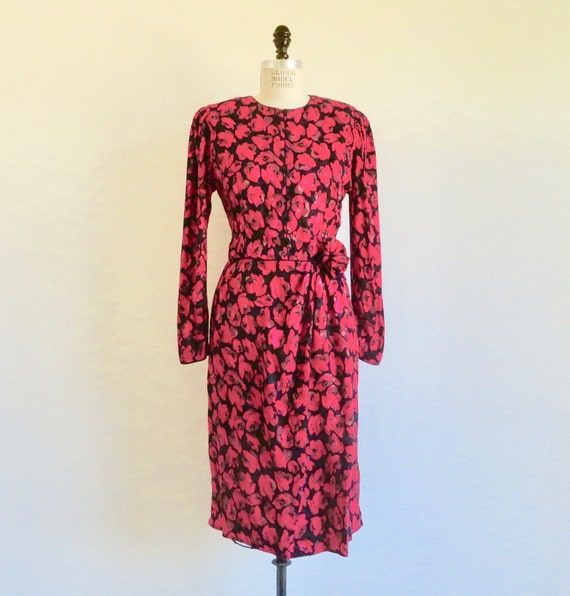 1980's Red Rose Floral Silk Print Dress Long Sleev