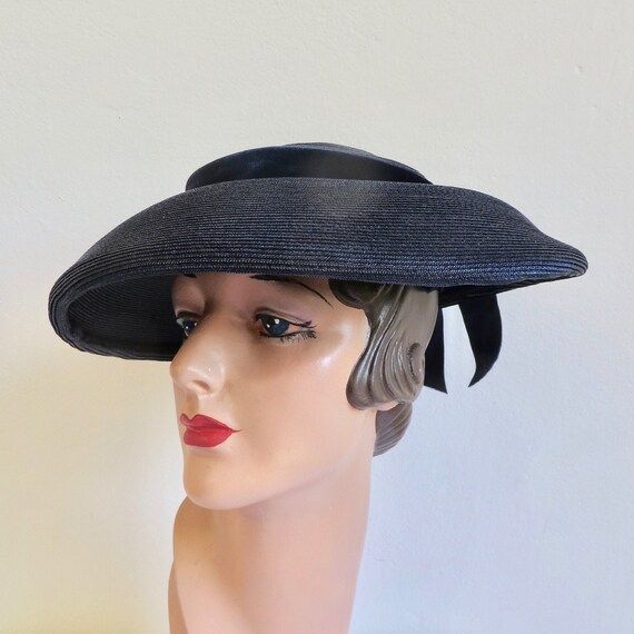Vintage 1940's 50's Navy Blue Straw Wide Brim Hat
