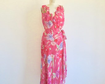 1930s Style Pink Floral Silk Chiffon Wrap Dress - Ralph Lauren Size 8