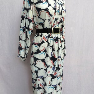 1980's Krizia Multi Color Black and White Butterfly Rayon Print Day Dress Shoulder Pads Italian Designer Medium image 4