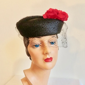 1950's Black Straw Pillbox Hat with Red Silk Rose Veil Rockabilly Swing Formal Cocktail Evening Party 50's Millinery Jean Sutton