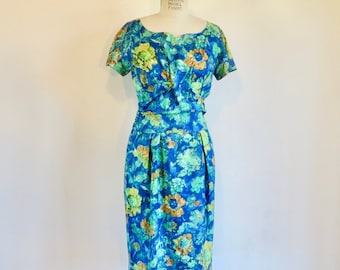 1960's Blue Green Floral Print Silk Wiggle Dress Sheath Style Rockabilly Pin Up Spring Summer Garden Party Marcusa 29" Waist Medium