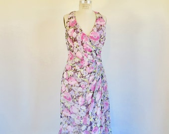 Ralph Lauren Pink Floral Silk Chiffon Tea Dress Sleeveless Faux Wrap 1930's Style Spring Summer Garden Party Bridal Wedding Guest Size 8