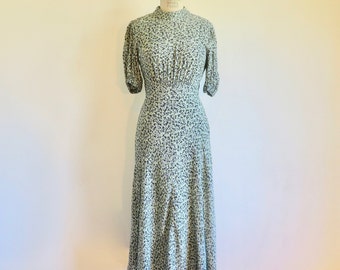 1930's Style Mint Green and Black Rayon Print Bias Cut Day Dress Mock Neck Ruching Art Deco Style Midi Length Size Small Ghost London