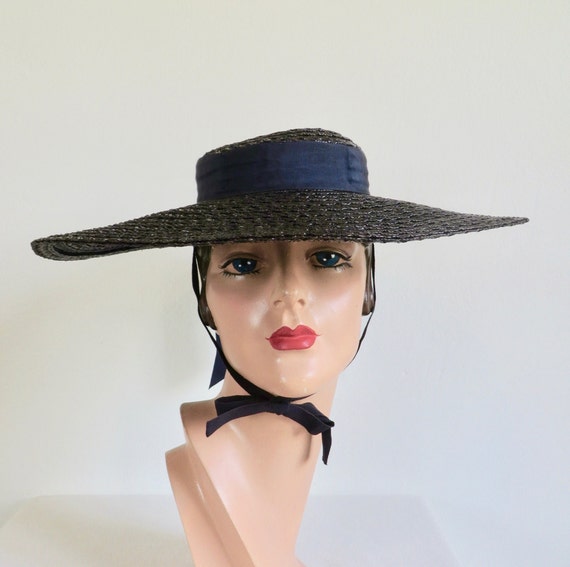 1950's Navy Blue Straw Wide Brim Sun Hat Flowers … - image 2