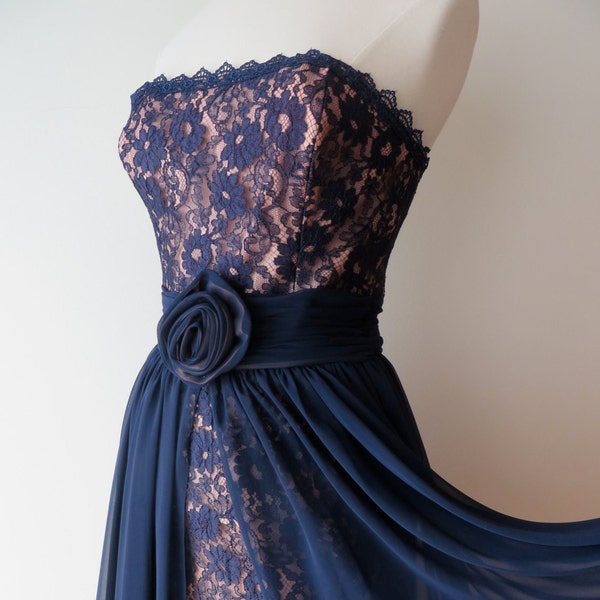 Vintage 1950's Style/Navy Blue Lace Strapless Bustier Dress Medium/50's Blue Strapless Evening Dress/Chiffon Skirt/28" Waist/Ricki Lang