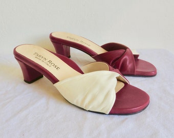 Vintage Size 38, 8US Red and White Leather Mules Open Toe Sandal Mule Medium Heel Made in Italy Leather Soles Taryn Rose