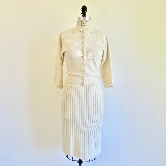 Vintage 1950's Ivory Creme Cardigan Sweater and Sk