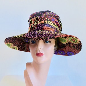 1960&#39;s Paisley and Polkadots Psychedelic Print High Crown Wide Brim Hat Mod Style Hippie Boho Spring Summer 60&#39;s Millinery Charo