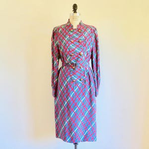 1980&#39;s Blue red Green Plaid Print Silk Dress Double Breasted Style Long Sleeves Wear to Work 80&#39;s Dresses Robert Leonard Size Medium