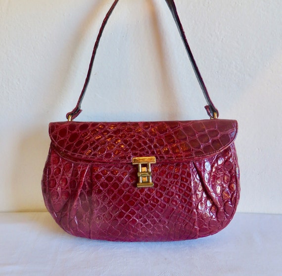 1940's Dark Red Snakeskin Leather Purse Gold Meta… - image 1