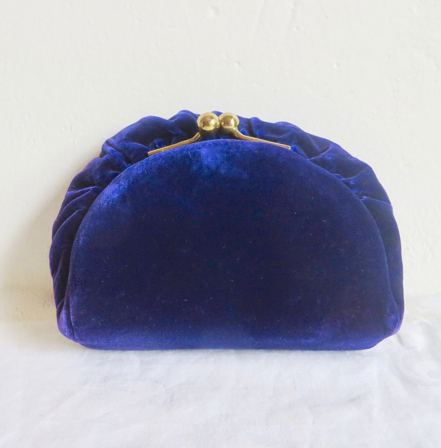 1950's Cobalt Blue Purple Velvet Evening Clutch Gold Metal Clasp Semi Circle Shape 50's Formal Cocktail Party Handbags Purses Lewis 