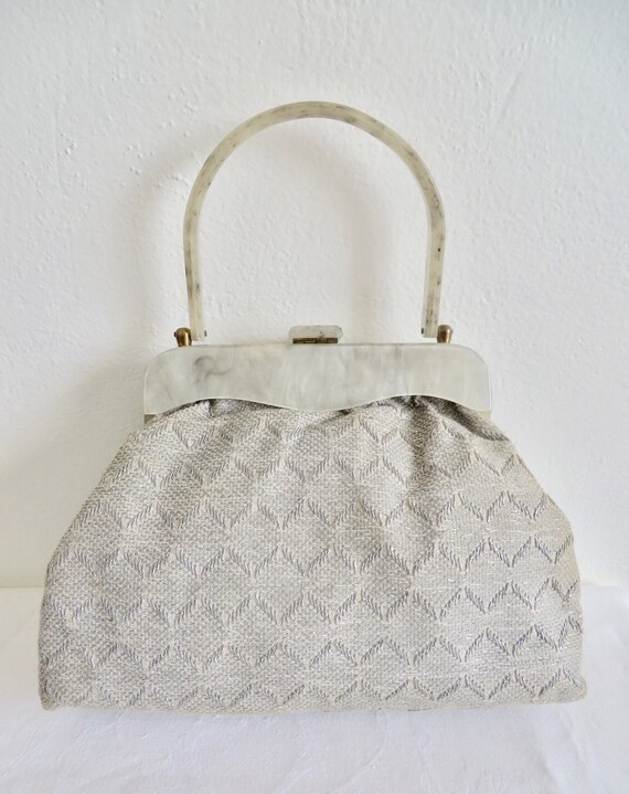 1940's Silver Gray Chevron Weave Fabric Purse wit… - image 6