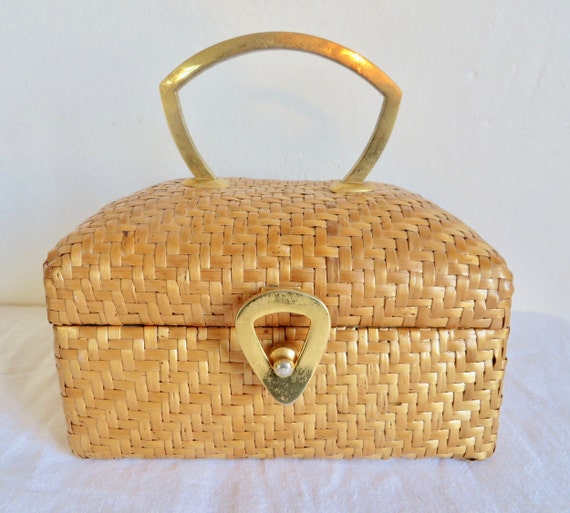 1960's Koret Natural Woven Wicker Box Purse Gold … - image 5