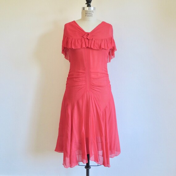 Vintage 1930's Coral Red Silk Chiffon Party Dress
