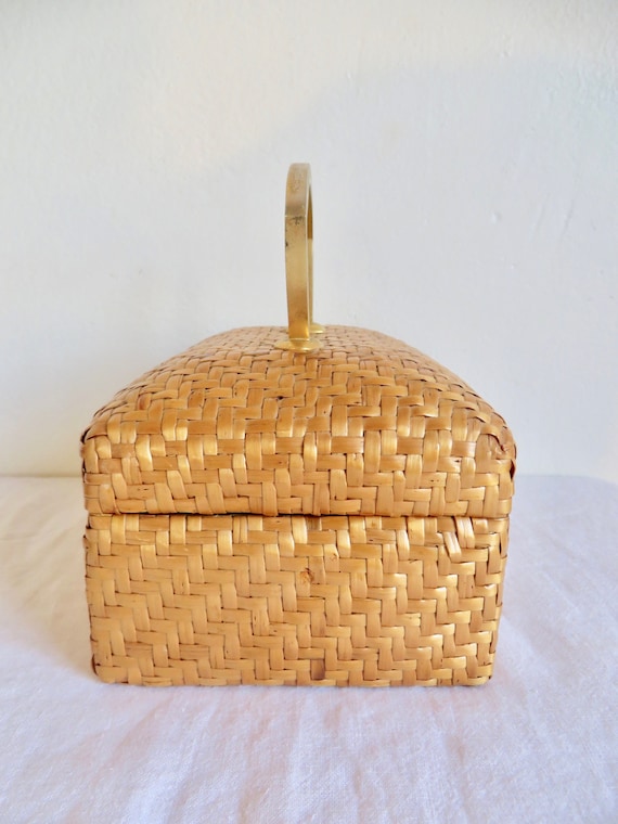 1960's Koret Natural Woven Wicker Box Purse Gold … - image 6