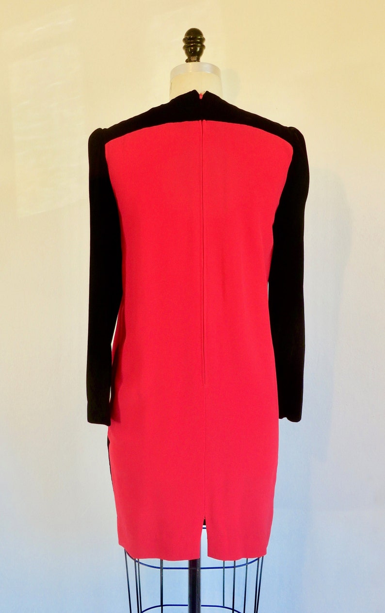 1980's Red and Black Velvet Color Block Dress Long Sleeves Evening Formal Cocktail 80's Avant Garde Chetta B Size Small image 9