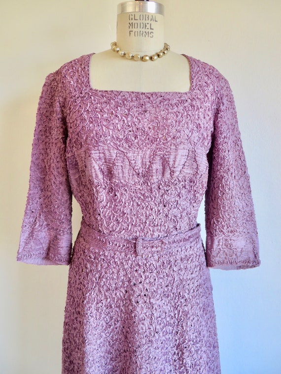 1940's Lavender Lilac Rayon Ribbon Knit Dress Cro… - image 2