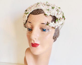 1950's White Velvet Violet Flowers Fascinator Hat Face Veil 50's Spring Summer Bridal Wedding Millinery