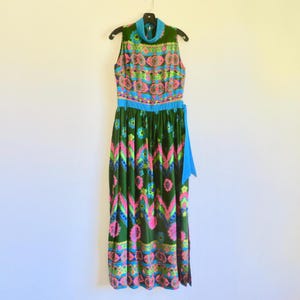 1960&#39;s Hawaiian Psychedelic Print Barkcloth Maxi Dress Jumpsuit Neon Pink and Green Mod Style Resort Luau Retro Hawaii Alice 29&quot; Waist S/M