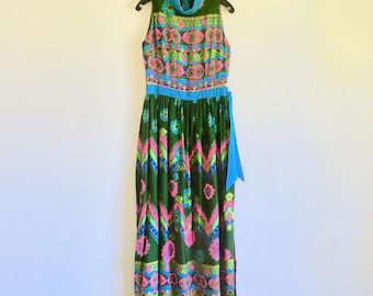 1960s Hawaiian Barkcloth Jumpsuit Maxi Dress: Psychedelic Mod Style