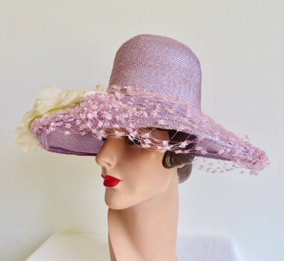 1960's Lavender Lilac Straw Wide Brim Hat High Cr… - image 7