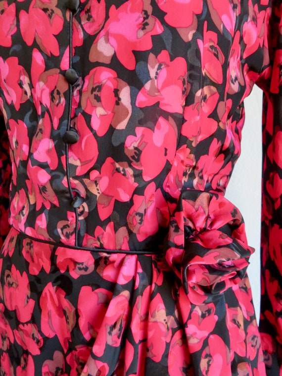 1980's Red Rose Floral Silk Print Dress Long Slee… - image 6