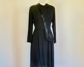 1940's Black Formal Dress Beaded Collar and Trim Long Sleeves Shoulder Pads WW2 Era Rockabilly 31" Waist Size Medium Long