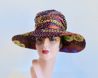 1960's Paisley and Polkadots Psychedelic Print High Crown Wide Brim Hat Mod Style Hippie Boho Spring Summer 60's Millinery Charo