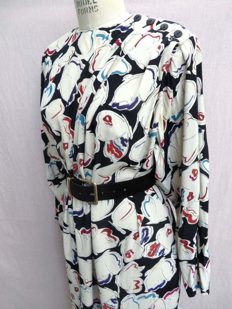 1980's Krizia Multi Color Black and White Butterfly Rayon Print Day Dress Shoulder Pads Italian Designer Medium image 5