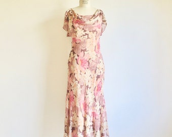 Vintage 1920's Art Deco Style Pink Silk Chiffon Floral Bias Cut Long Dress Great Gatsby Spring Summer Garden Party Ralph Lauren Size 8 US