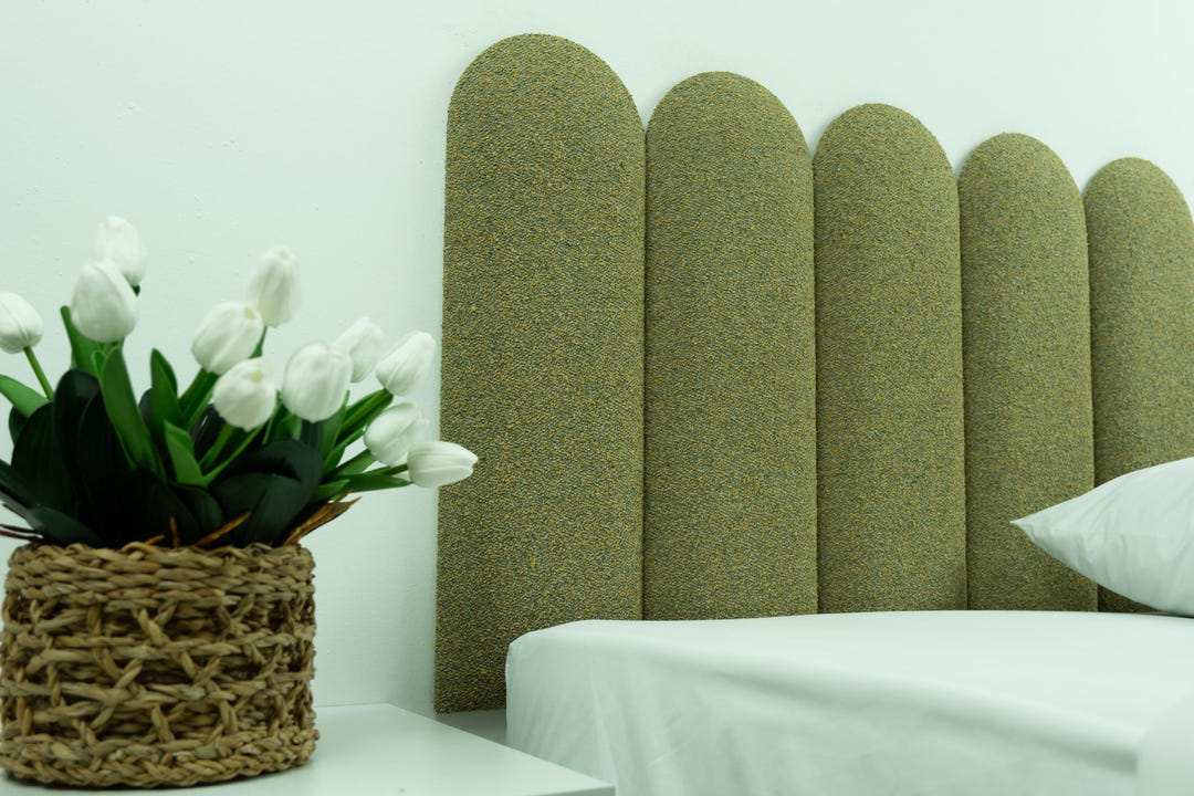 Soft Rounded Panels Green Bouclé Upholstered Wall Panels • Rounded Headboard • Soft Texture ...