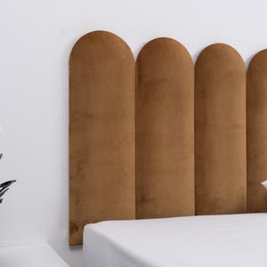 Camel Velvet Headboard Panel • Upholstered Wall Panels for Bed • Rounded Top Padded Boards • Handmade Headboard • All Sizes