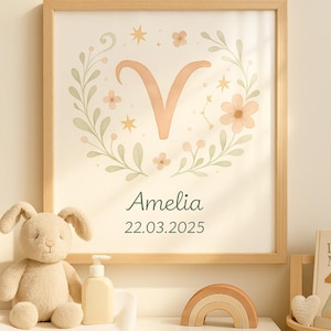 Stampa personalizzata con lo zodiaco per la cameretta del bambino - Stampa da parete personalizzata con nome e data di nascita del bambino / Poster astrologico modificabile per regalo di nascita, decorazione per la cameretta del bambino
