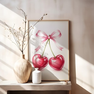 Heart Shaped Cherry Wall Art Print, Pink Bow Coquette Aesthetic Poster, Kawaii Girly Room Digital Download