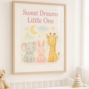 Süße Träume Kleines Druckbare Kinderzimmer Wandkunst - Aquarell Elefant, Kaninchen & Giraffe Digitaler Download