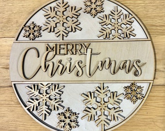 Merry Christmas with snowflakes 15” round door hanger DIY Home Decor Kit.