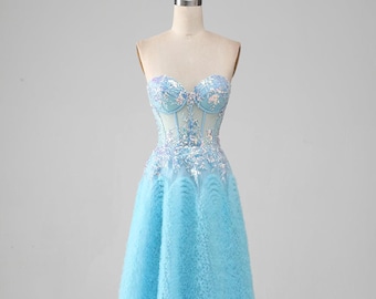 Himmelblau A-Line Abendkleid: Sweetheart Korsett Mieder, Glitzertüll