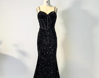 Vestido de sirena negro con lentejuelas – Vestido formal con corpiño de corsé