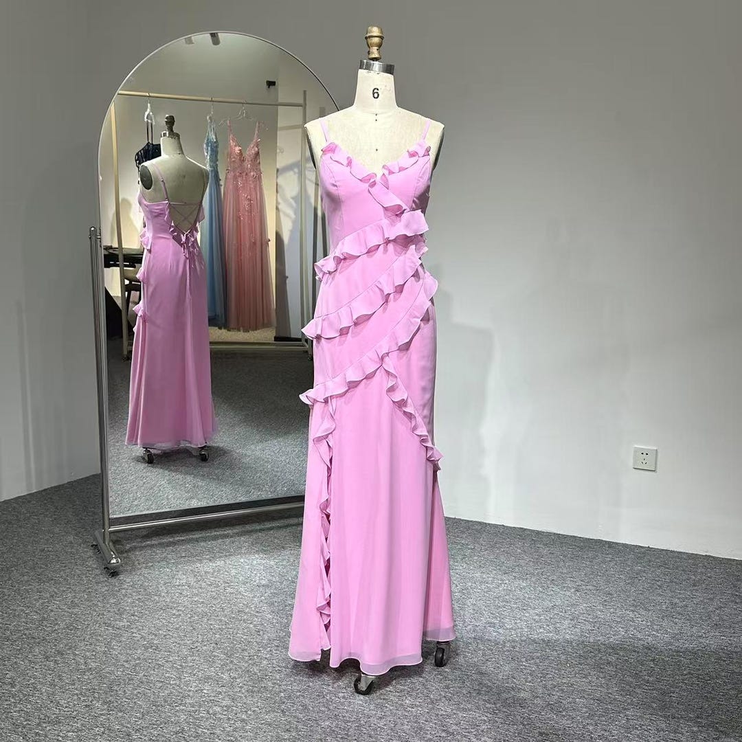 Handmade Pink Ruffle Evening Dress: Romantic V-neck Prom Gown - Etsy